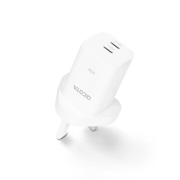 Cargador de pared GaN de 2 puertos (65 W) Reino Unido