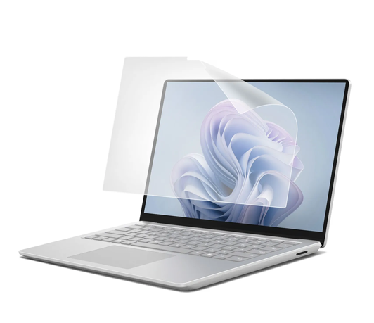 Laptop with a transparent anti-glare screen protector on a white background