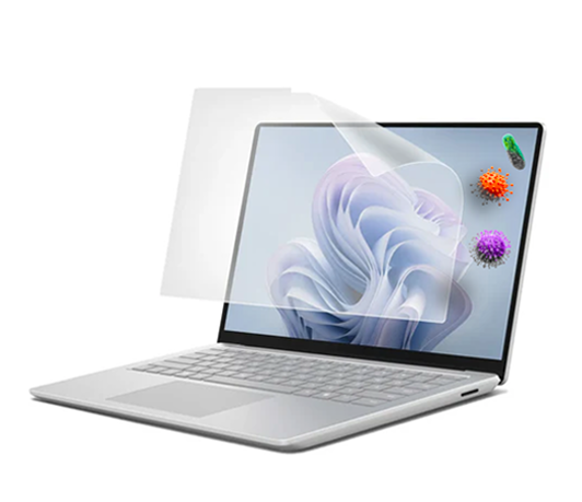 Laptop with a transparent anti-microbial screen protector on a white background