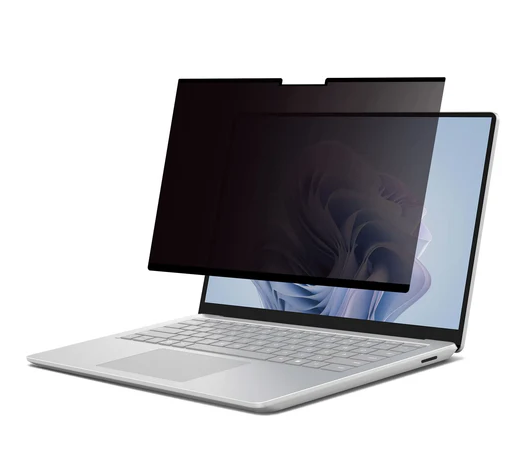 Laptop with a privacy screen filter on a white background